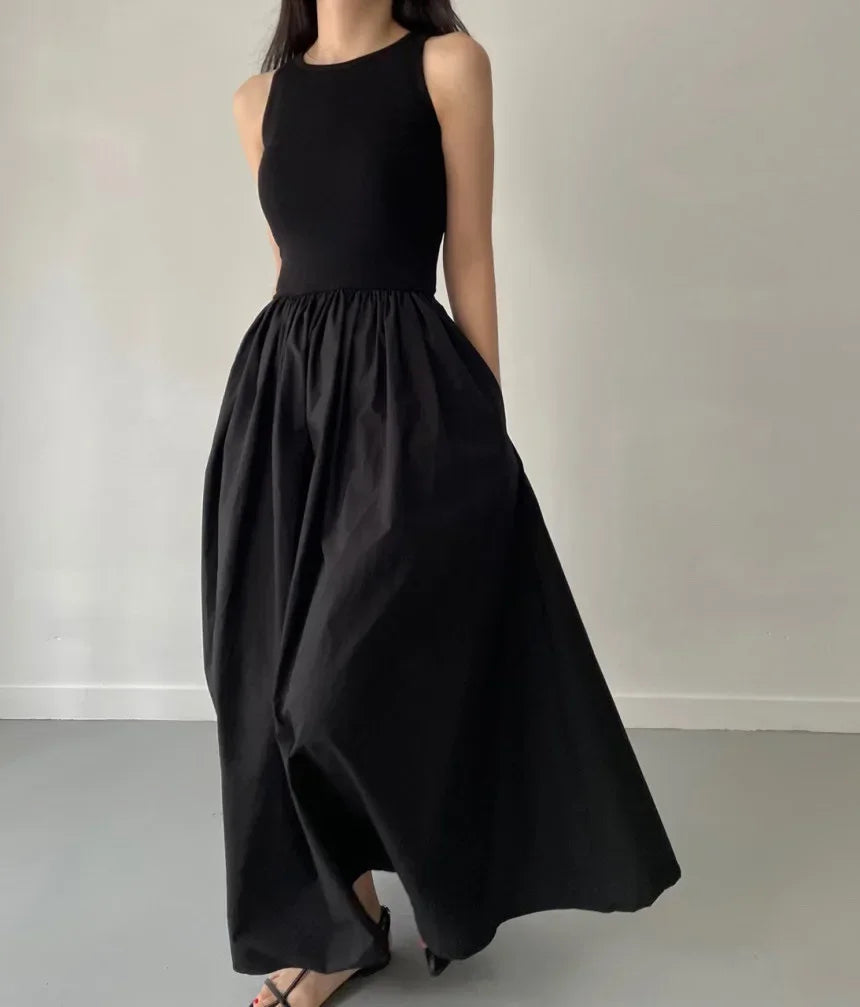 New Summer Female Fashion Style Dress Simple Elegant Black Long Dresses For Women Round Neck Sleeveless High Waist Temperament