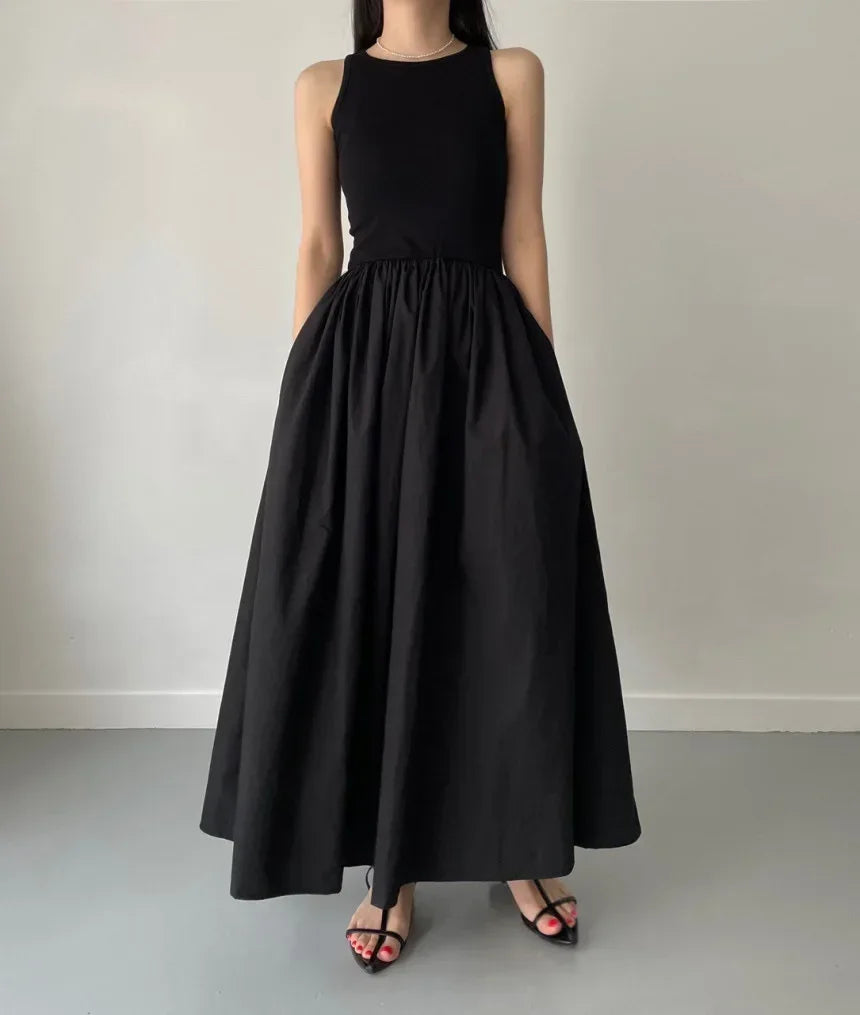 New Summer Female Fashion Style Dress Simple Elegant Black Long Dresses For Women Round Neck Sleeveless High Waist Temperament