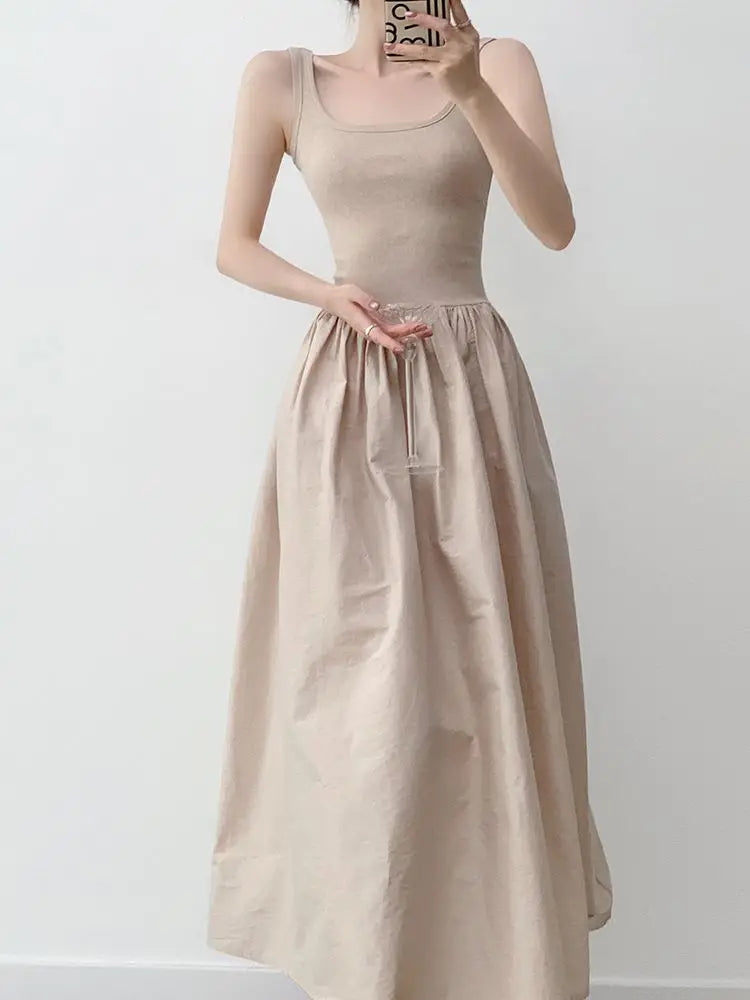 OCEANLOVE Knitted Patchwork Long Dresses A-line Spring Summer Solid Vestidos Mujer Korean Fashion Chic Simple Women Dress