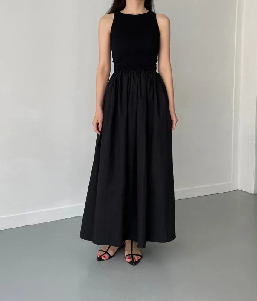 New Summer Female Fashion Style Dress Simple Elegant Black Long Dresses For Women Round Neck Sleeveless High Waist Temperament