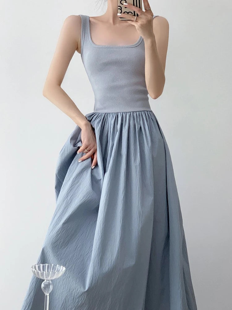 OCEANLOVE Knitted Patchwork Long Dresses A-line Spring Summer Solid Vestidos Mujer Korean Fashion Chic Simple Women Dress