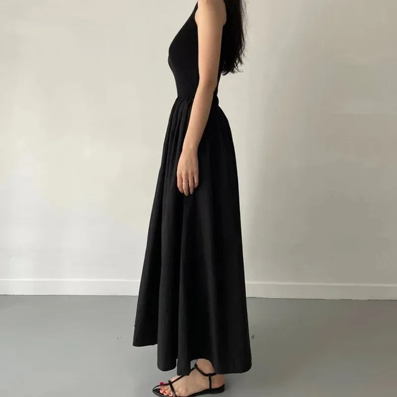 New Summer Female Fashion Style Dress Simple Elegant Black Long Dresses For Women Round Neck Sleeveless High Waist Temperament