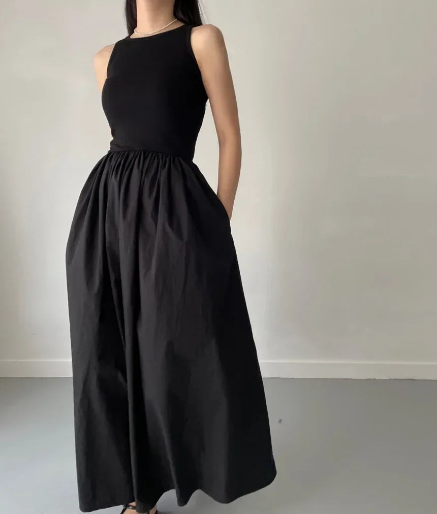 New Summer Female Fashion Style Dress Simple Elegant Black Long Dresses For Women Round Neck Sleeveless High Waist Temperament