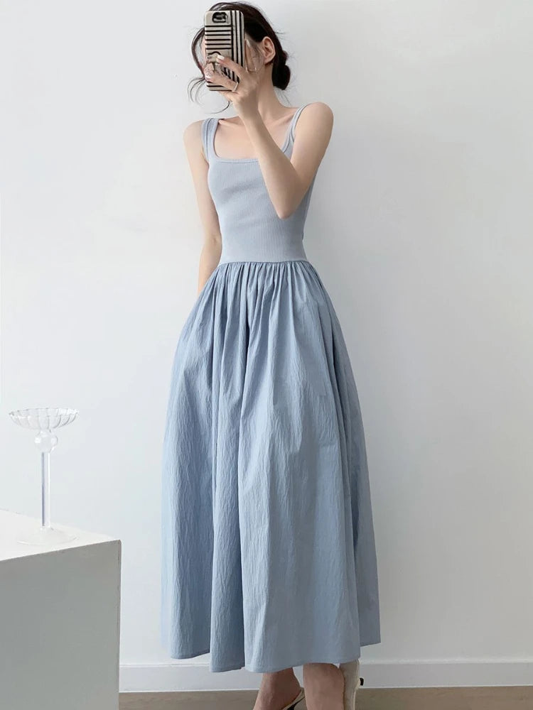 OCEANLOVE Knitted Patchwork Long Dresses A-line Spring Summer Solid Vestidos Mujer Korean Fashion Chic Simple Women Dress