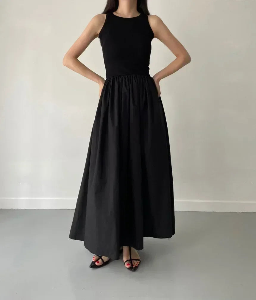 Summer Fashion Style Simple Elegant Black Long Dresses For Women Round Neck Sleeveless High Waist Temperament Female Dress New