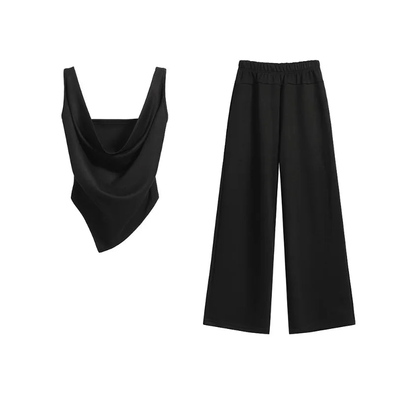 Casual Suit Women's Spring/Summer Swing Collar Camisole Top High Waist Wide Leg Long Pants Two-piece Set Fashion Female Clothes