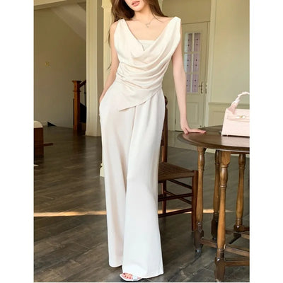 Casual Suit Women's Spring/Summer Swing Collar Camisole Top High Waist Wide Leg Long Pants Two-piece Set Fashion Female Clothes