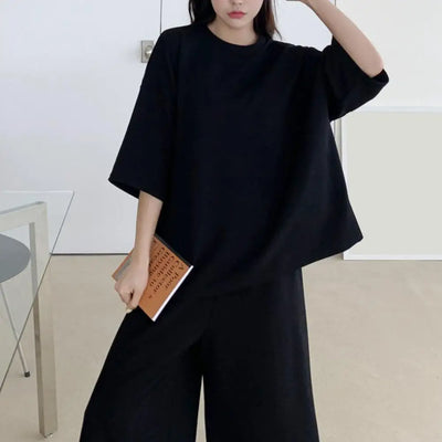 Cotton Linen Loungewear Women T-shirt Pants Set O-neck Half Sleeve High Waist Wide Leg Pants T-shirt Female Summer Outfit