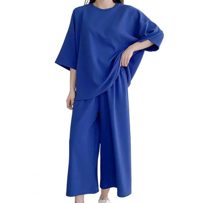 Cotton Linen Loungewear Women T-shirt Pants Set O-neck Half Sleeve High Waist Wide Leg Pants T-shirt Female Summer Outfit