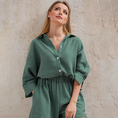Women's Nightwear Cotton Lounge Pajama Set Long Sleeve Lapel Neck Top With Shorts Two Piece Sleepwear Summer Casual Loungewear