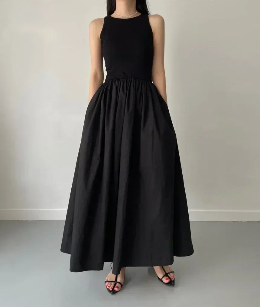Summer Fashion Style Simple Elegant Black Long Dresses For Women Round Neck Sleeveless High Waist Temperament Female Dress New