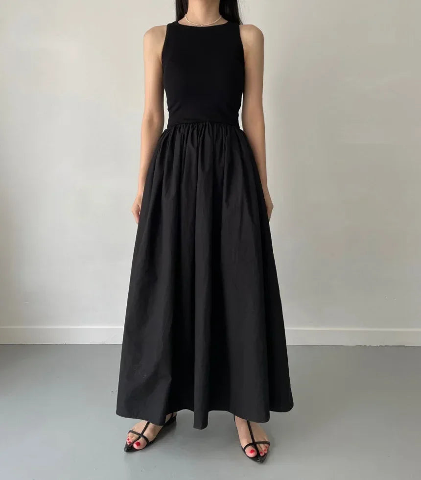New Summer Female Fashion Style Dress Simple Elegant Black Long Dresses For Women Round Neck Sleeveless High Waist Temperament