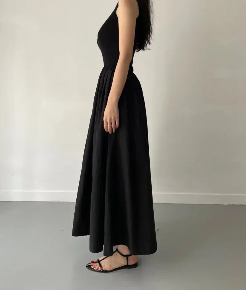 Summer Fashion Style Simple Elegant Black Long Dresses For Women Round Neck Sleeveless High Waist Temperament Female Dress New