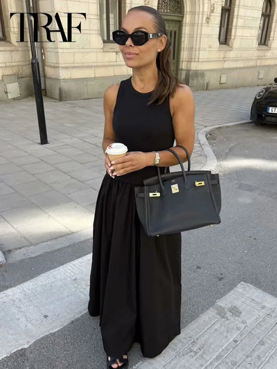 TRAF Women's Dress Knit Long Dresses Summer Female Black Khaki Maxi Sundress Patchwork O-Neck Sleeveless Vestidos Casual Dresses
