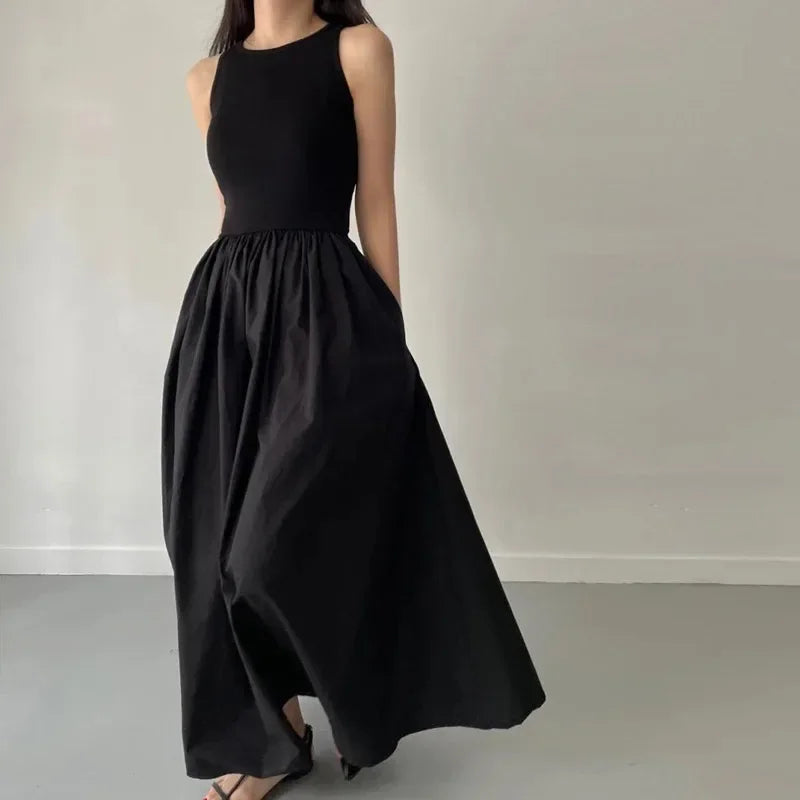 New Summer Female Fashion Style Dress Simple Elegant Black Long Dresses For Women Round Neck Sleeveless High Waist Temperament