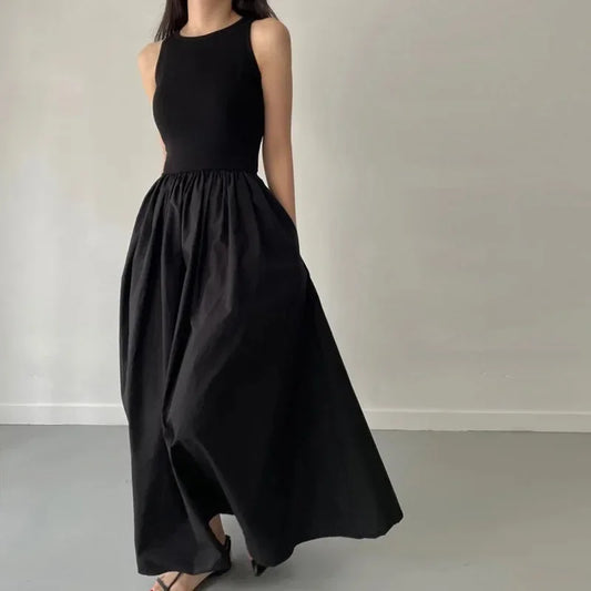 New Summer Female Fashion Style Dress Simple Elegant Black Long Dresses For Women Round Neck Sleeveless High Waist Temperament