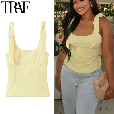TRAF Yellow Crop Top Women Summer Sleeveelss Butterfly Top Woman Cuteore Bow White Camisole Top Backless Women's Tanks Top 088