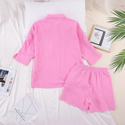 Women's Nightwear Cotton Lounge Pajama Set Long Sleeve Lapel Neck Top With Shorts Two Piece Sleepwear Summer Casual Loungewear