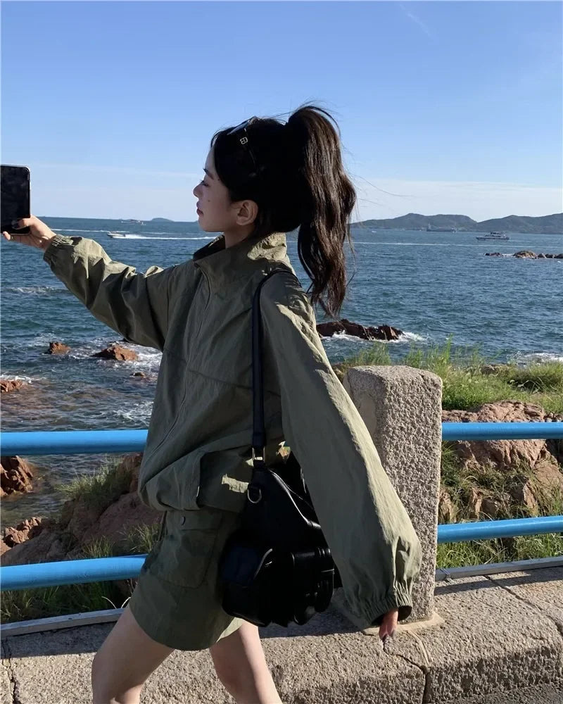 Casual Sportswear Suit Female 2024summer Thin Outerwear Sunscreen Clothes Jacket Short Skirt 2 Piece Sets Women Outfit Dress