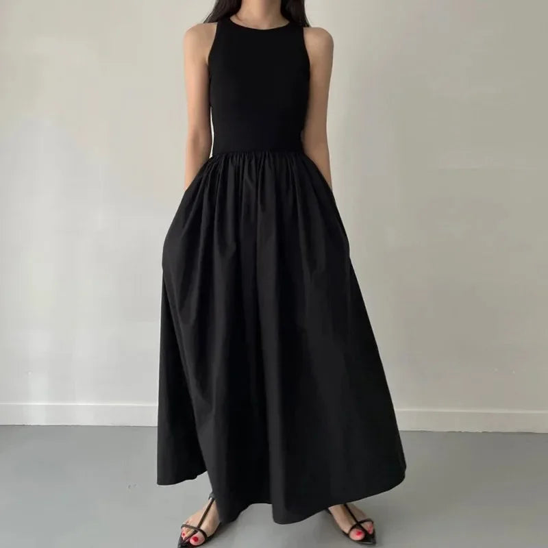 New Summer Female Fashion Style Dress Simple Elegant Black Long Dresses For Women Round Neck Sleeveless High Waist Temperament
