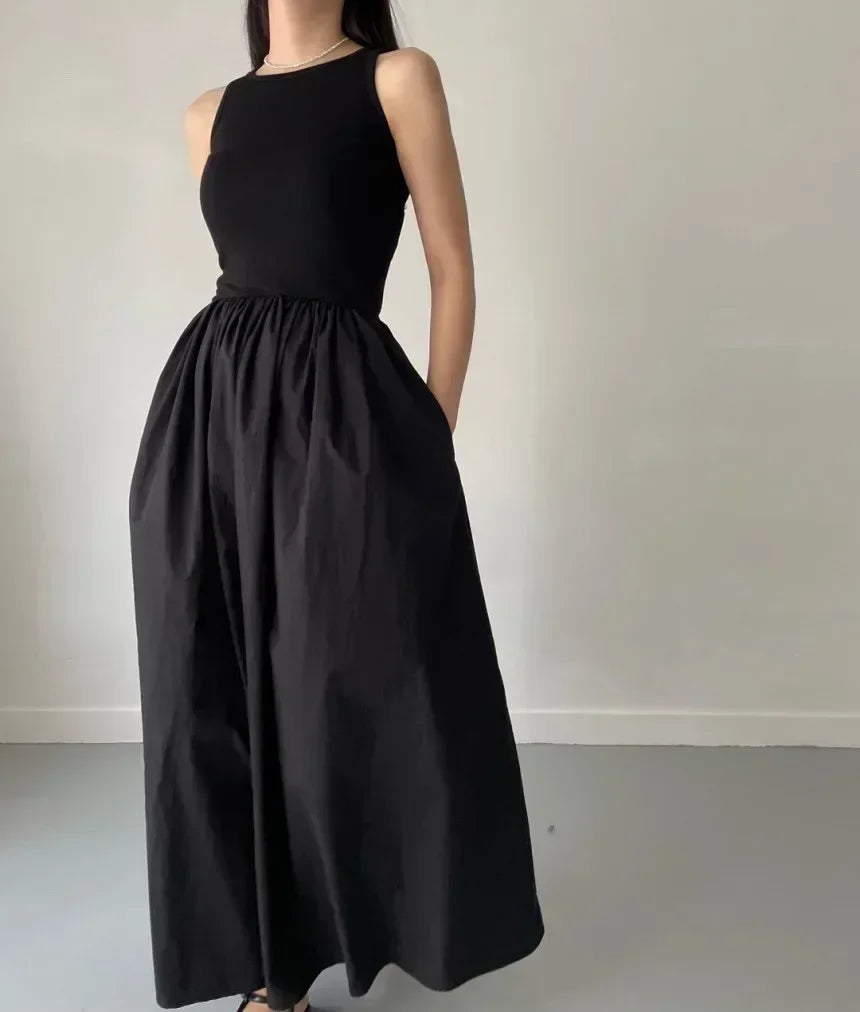 Summer Fashion Style Simple Elegant Black Long Dresses For Women Round Neck Sleeveless High Waist Temperament Female Dress New