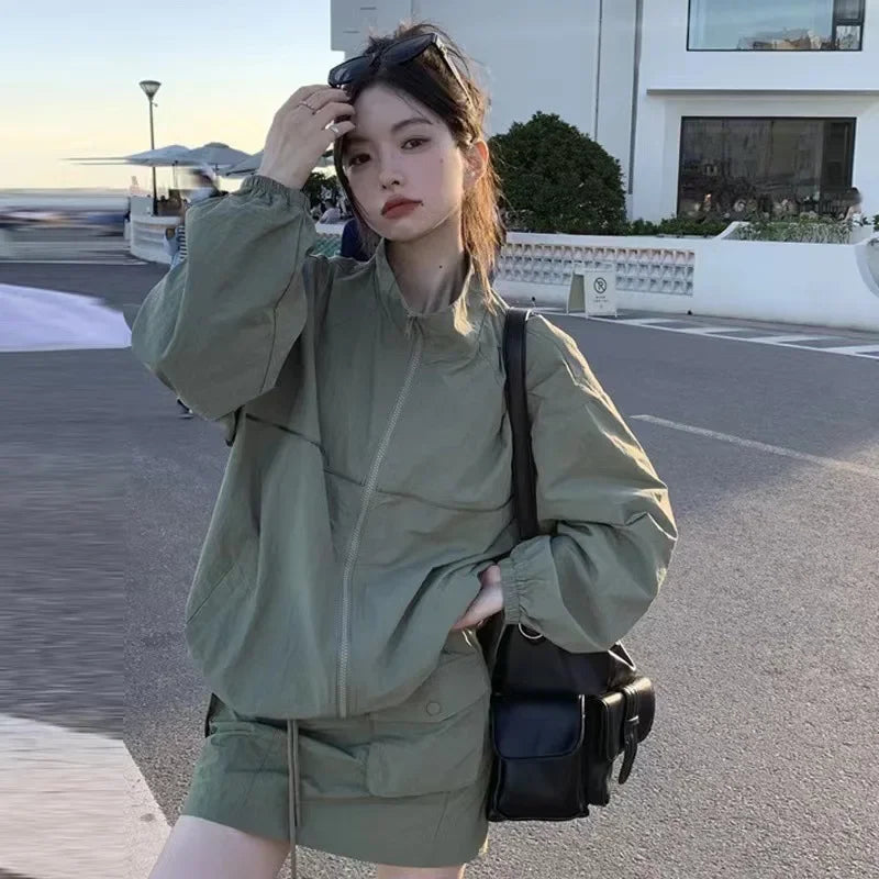 Casual Sportswear Suit Female 2024summer Thin Outerwear Sunscreen Clothes Jacket Short Skirt 2 Piece Sets Women Outfit Dress