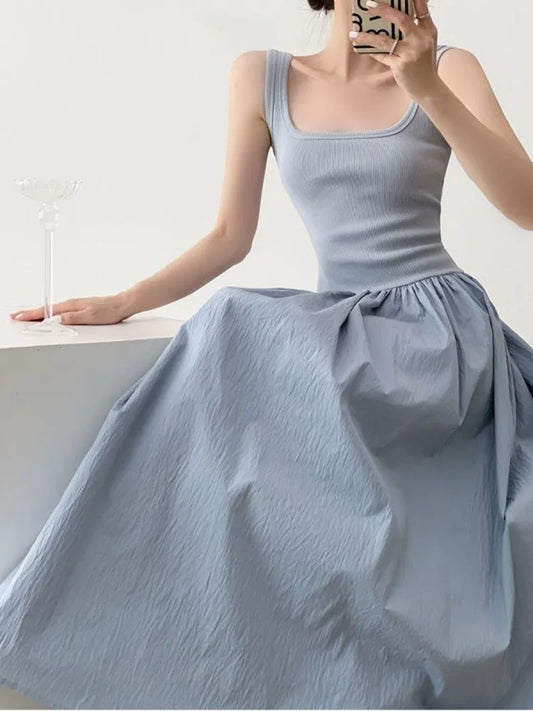 Blue Knitted Camis Dress Women Summer Patchwork Sexy Spaghetti Strap Dress Korean Fashion Square Neck Solid Casual Midi Vestidos