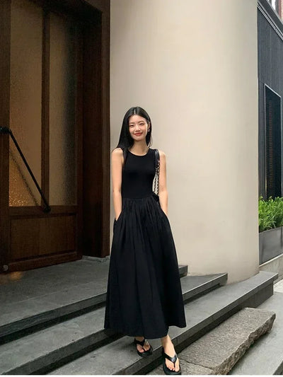 TKNOLEGE Summer New Round Neck SleevelessHigh Waist Temperament Female Fashion Style Dress Simple Elegant Black Long Dresses