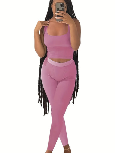 Casual Workout Short Sets 2 Piece Outfits for Women Ribbed Crop Tank Top High Waist Leggings activewear