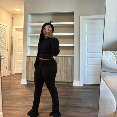 2 Two Piece Lounge Wear for Women 2024 Loungewear With Headband Yoga Outfit Long Sleeve Tops and Flare Pants Sets Tracksuit