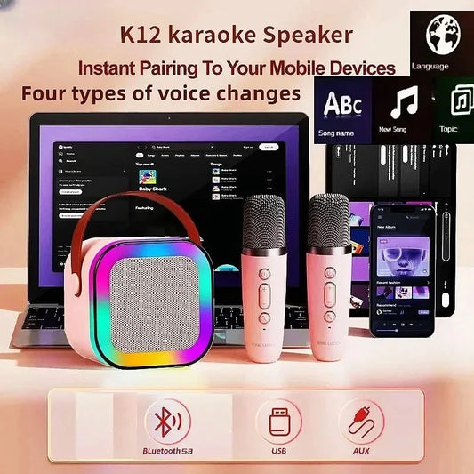 K12 Bluetooth Karaoke Machine Portable  5.3 PA Speaker System with 1-2 Wireless Mic  Microphones Home Family Singing Children's Gifts