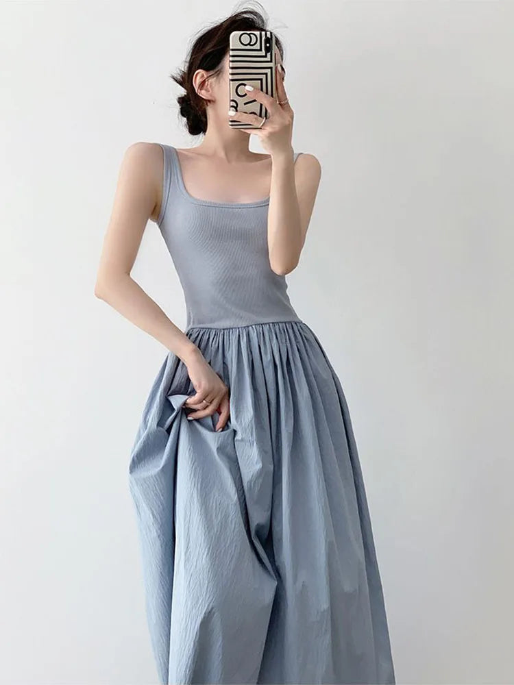 Blue Knitted Camis Dress Women Summer Patchwork Sexy Spaghetti Strap Dress Korean Fashion Square Neck Solid Casual Midi Vestidos