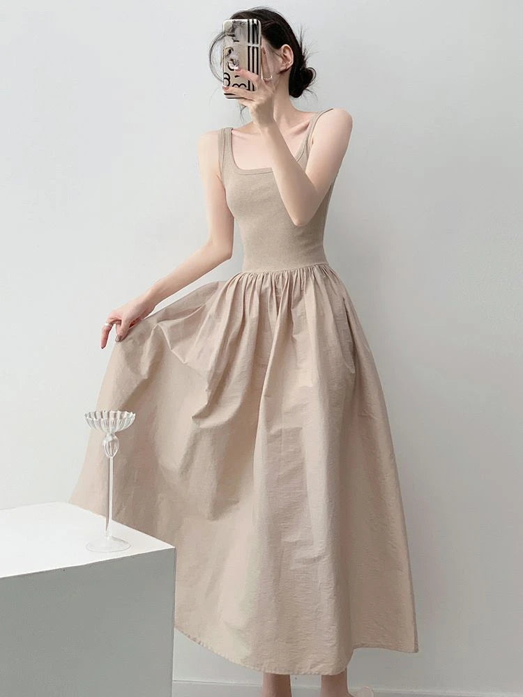 OCEANLOVE Knitted Patchwork Long Dresses A-line Spring Summer Solid Vestidos Mujer Korean Fashion Chic Simple Women Dress
