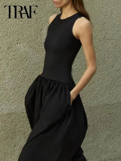 TRAF Women's Dress Knit Long Dresses Summer Female Black Khaki Maxi Sundress Patchwork O-Neck Sleeveless Vestidos Casual Dresses