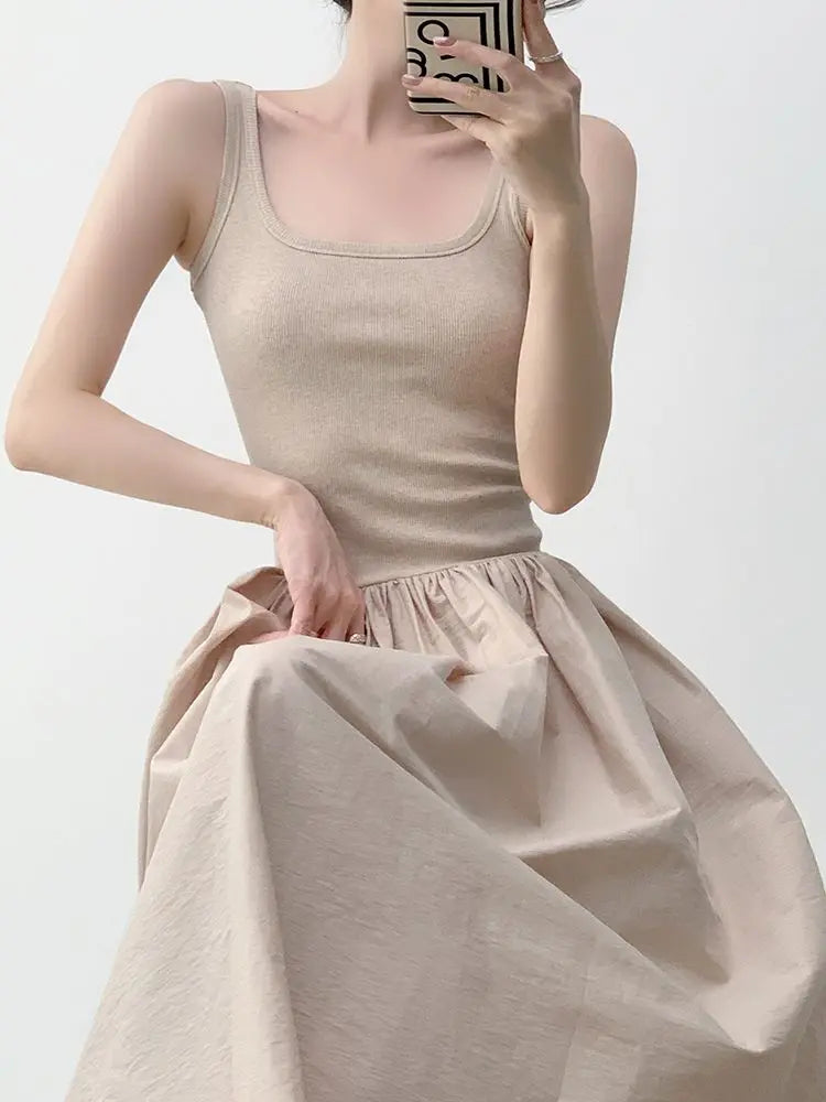 OCEANLOVE Knitted Patchwork Long Dresses A-line Spring Summer Solid Vestidos Mujer Korean Fashion Chic Simple Women Dress