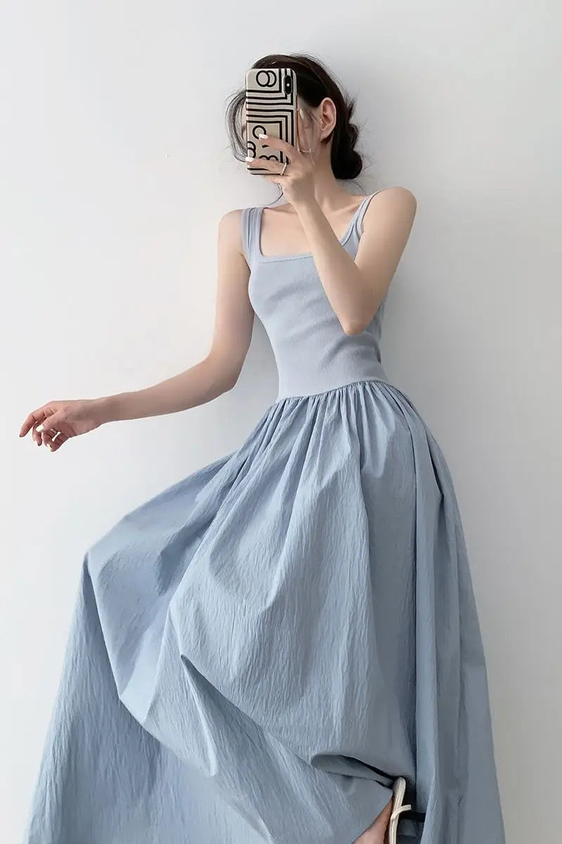 Blue Knitted Camis Dress Women Summer Patchwork Sexy Spaghetti Strap Dress Korean Fashion Square Neck Solid Casual Midi Vestidos