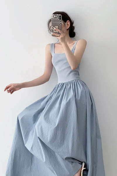 Blue Knitted Camis Dress Women Summer Patchwork Sexy Spaghetti Strap Dress Korean Fashion Square Neck Solid Casual Midi Vestidos