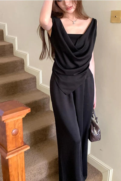 Casual Suit Women's Spring/Summer Swing Collar Camisole Top High Waist Wide Leg Long Pants Two-piece Set Fashion Female Clothes