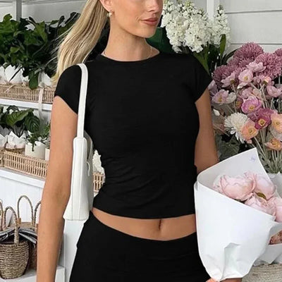 Casual Women's Workout Two Piece Short Sleeve High Waisted Flip Flared Pants Shorts Sweatshirt Streetwear