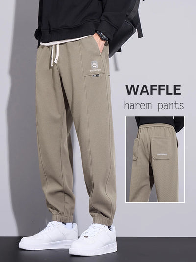 New Men's Waffle Casual Pants Elastic Waist Straight Harem Pants Comfortable Stretch Sweatpants Fashion Embroidery Male Trousers