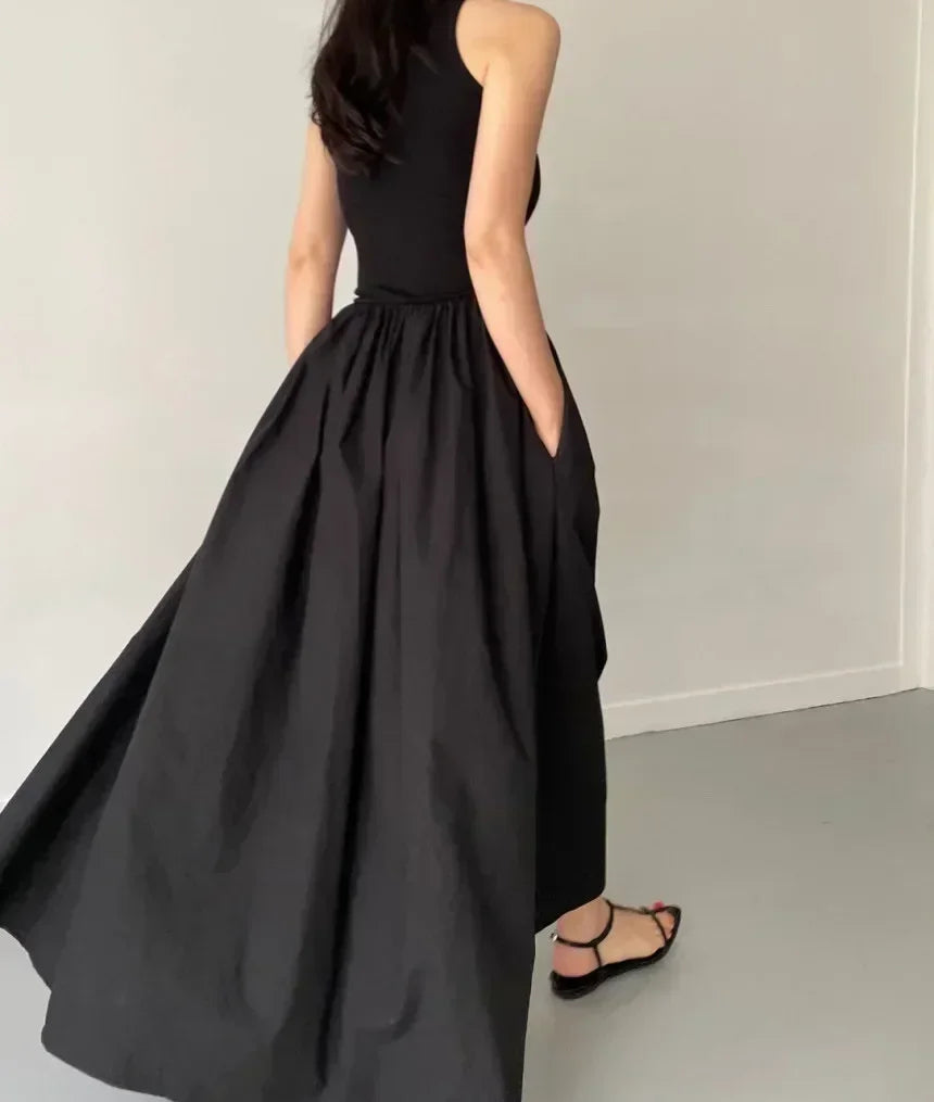 Summer Fashion Style Simple Elegant Black Long Dresses For Women Round Neck Sleeveless High Waist Temperament Female Dress New