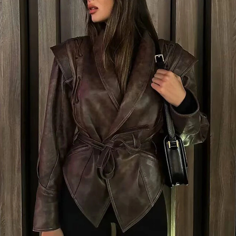 Casual Wear For Women Lapel Belt Jacket Autumn Motorcycle Coat Vacation Fashion Casual Belted Outerwear Outerwear