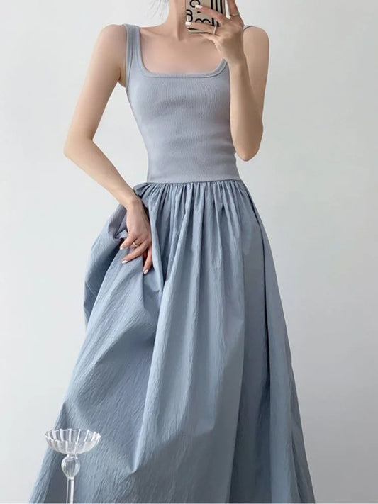 Blue Knitted Camis Dress Women Summer Patchwork Sexy Spaghetti Strap Dress Korean Fashion Square Neck Solid Casual Midi Vestidos