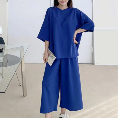 Cotton Linen Loungewear Women T-shirt Pants Set O-neck Half Sleeve High Waist Wide Leg Pants T-shirt Female Summer Outfit
