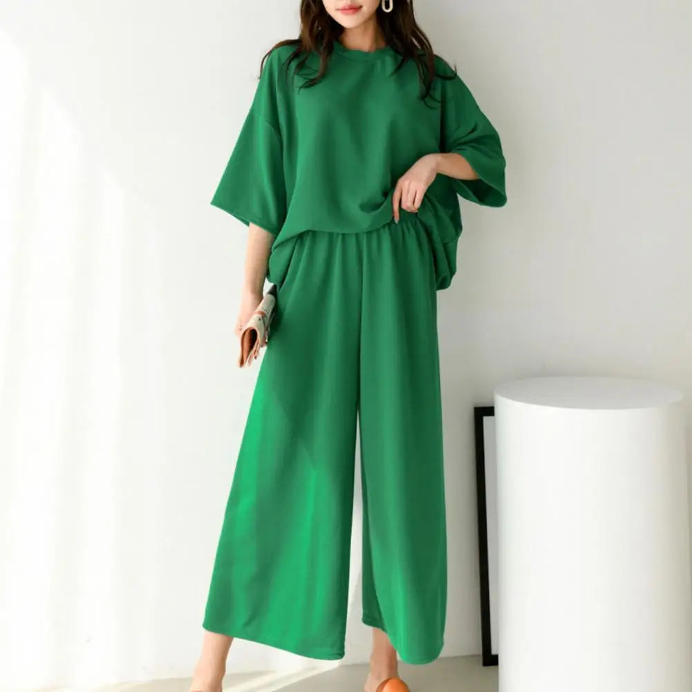 Cotton Linen Loungewear Women T-shirt Pants Set O-neck Half Sleeve High Waist Wide Leg Pants T-shirt Female Summer Outfit