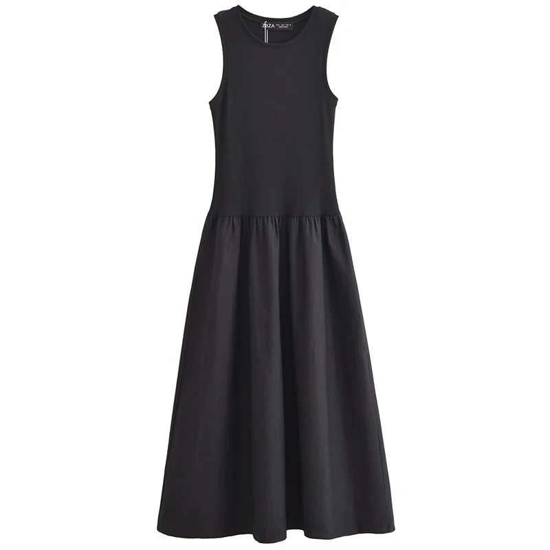 TRAF Women's Dress Knit Long Dresses Summer Female Black Khaki Maxi Sundress Patchwork O-Neck Sleeveless Vestidos Casual Dresses