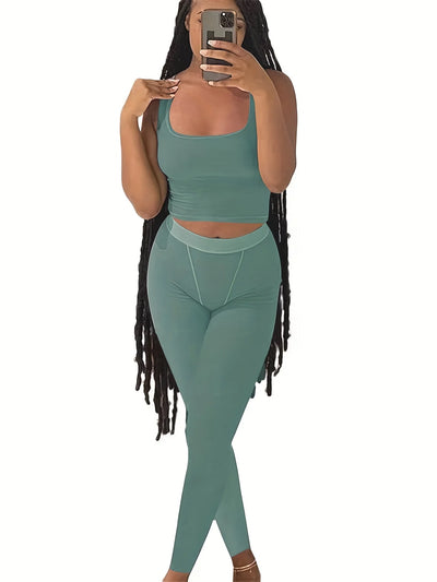 Casual Workout Short Sets 2 Piece Outfits for Women Ribbed Crop Tank Top High Waist Leggings activewear