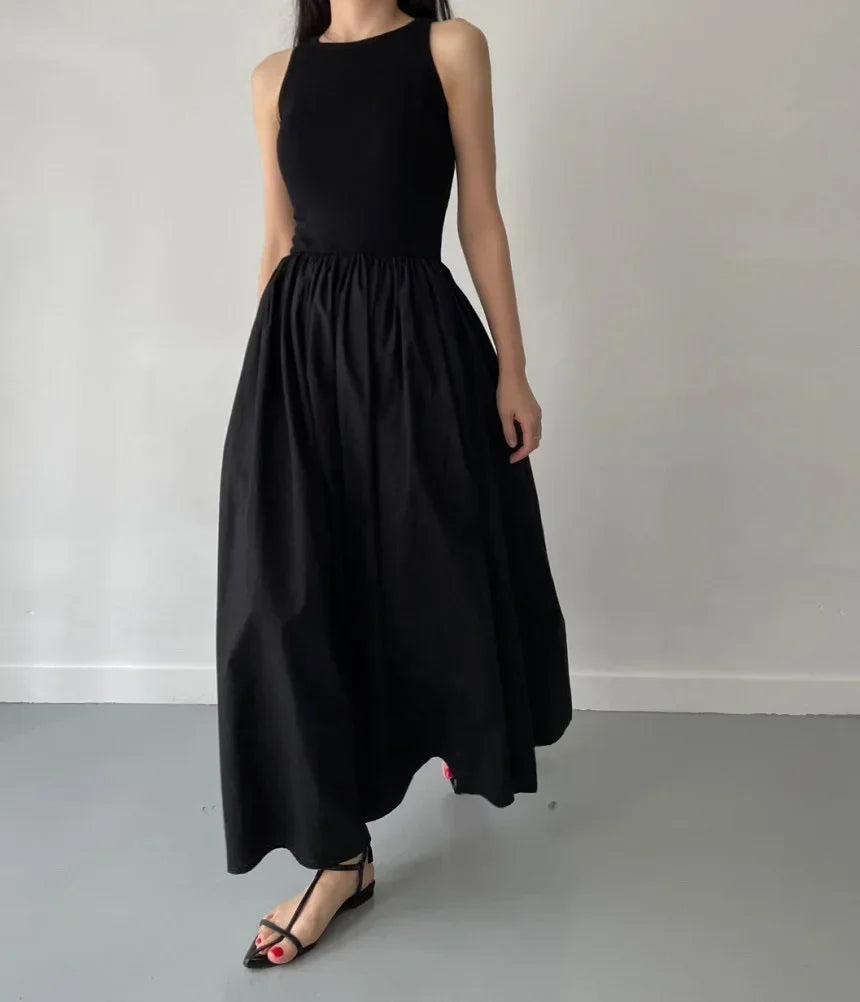 New Summer Female Fashion Style Dress Simple Elegant Black Long Dresses For Women Round Neck Sleeveless High Waist Temperament
