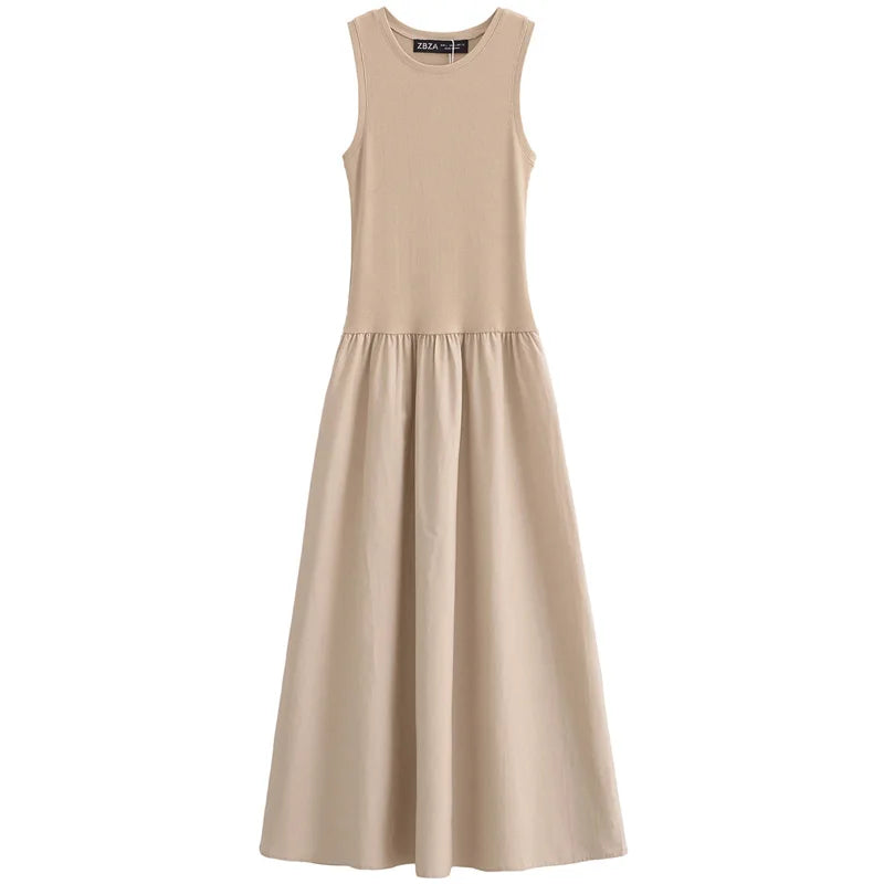 TRAF Women's Dress Knit Long Dresses Summer Female Black Khaki Maxi Sundress Patchwork O-Neck Sleeveless Vestidos Casual Dresses