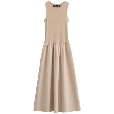 TRAF Women's Dress Knit Long Dresses Summer Female Black Khaki Maxi Sundress Patchwork O-Neck Sleeveless Vestidos Casual Dresses